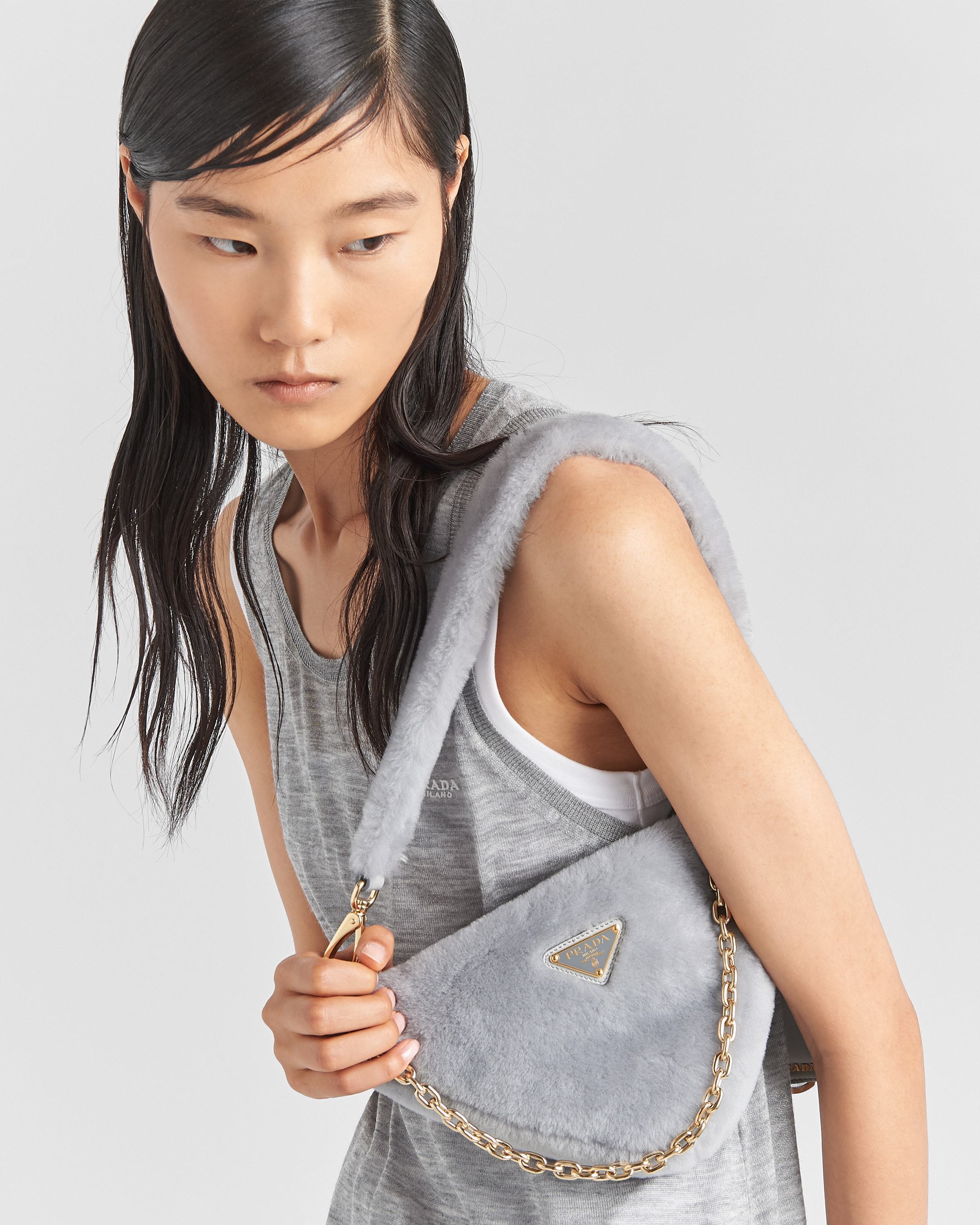 Prada Grey Shearling Mini Shoulder Bag In Cornflower Blue