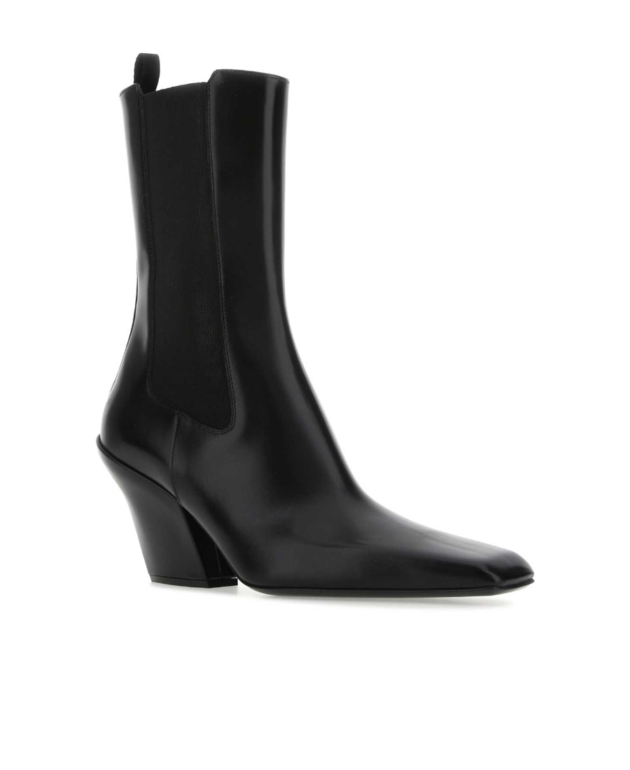 Prada Streamlined Leather Ankle Boots With Pointed Toe In Black