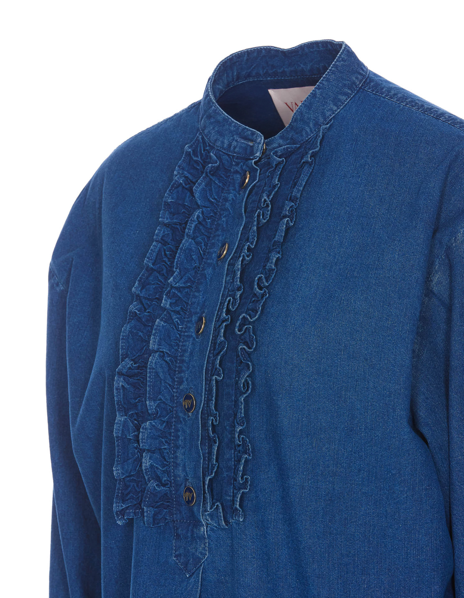 Valentino Classic Blue Denim Shirt With Ruffled Placket In Blue
