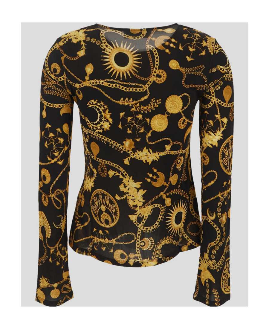 Marine Serre Black Blouse With All-over Graphic Print And Gathering Detail In Black