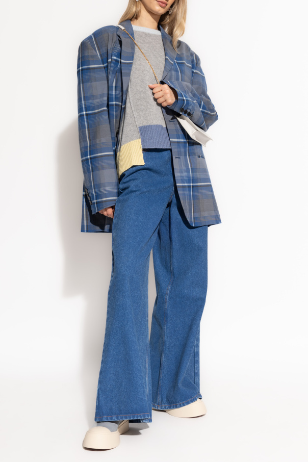Marni Logo-embroidered Checked Blazer In Blue