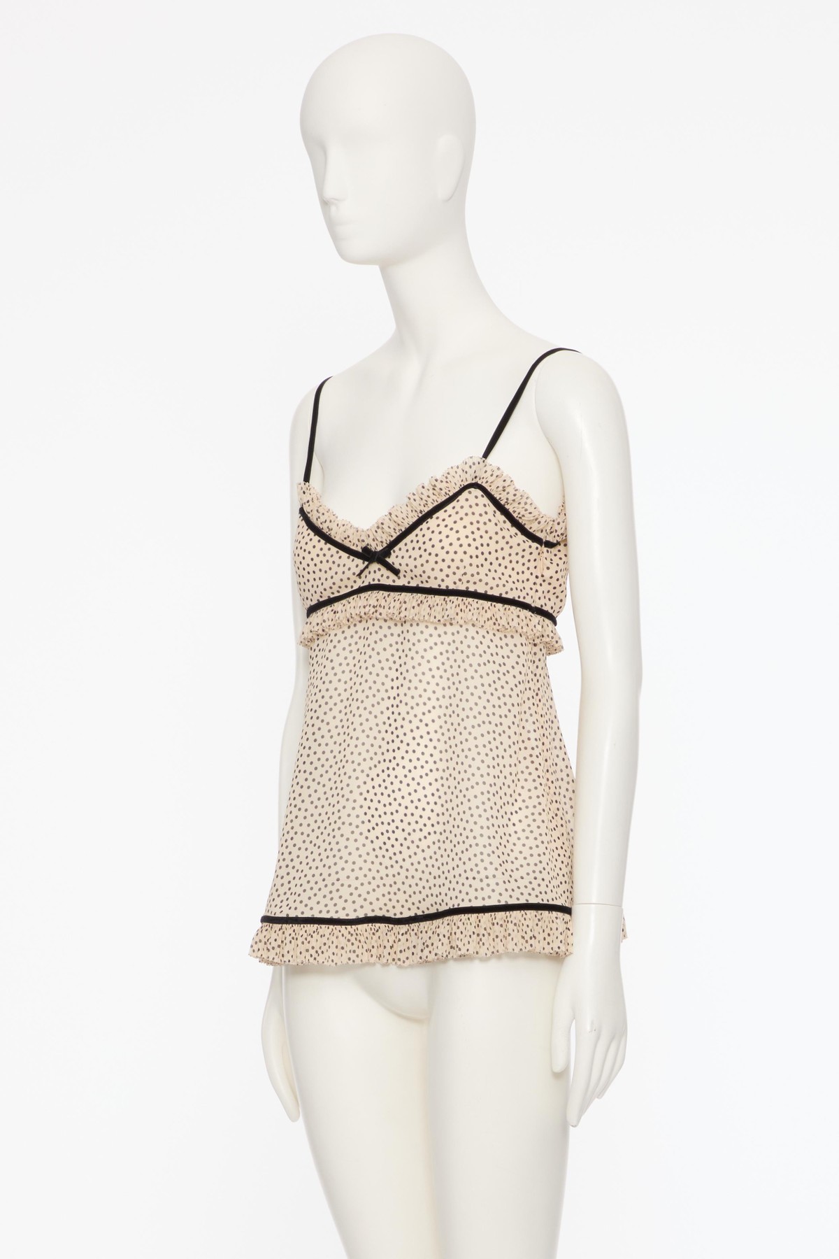 Valentino Top Silk Bow Polka Dots Ruffle Trim In White
