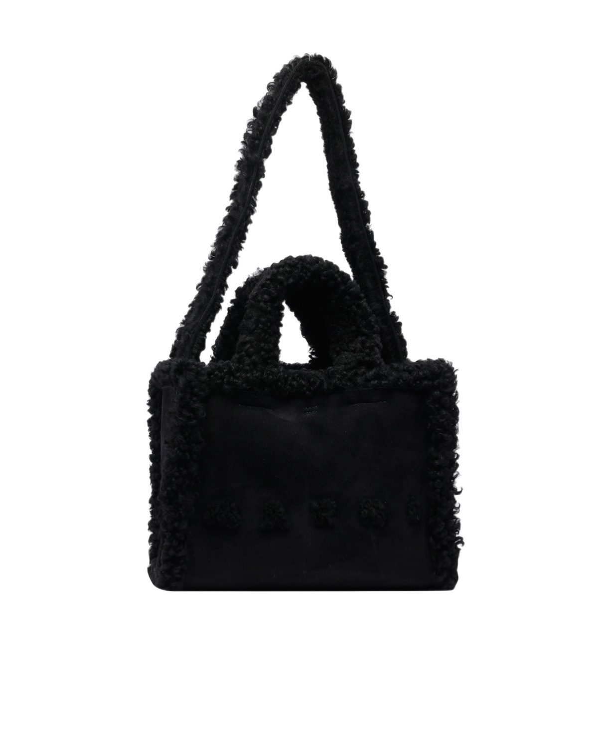 Marni Shearling-trim Logo Detailed Tote Bag In Black