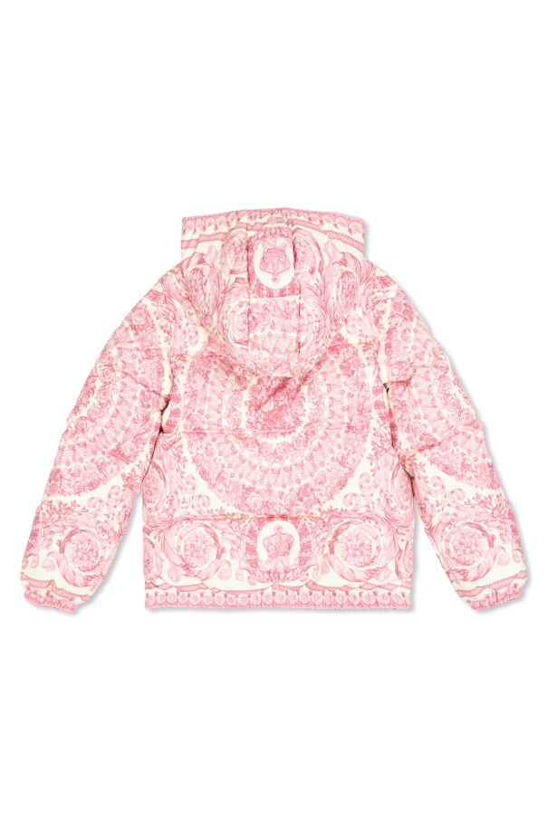 Versace Kids All-over Printed Zip-up Hooded Jacket In Pink