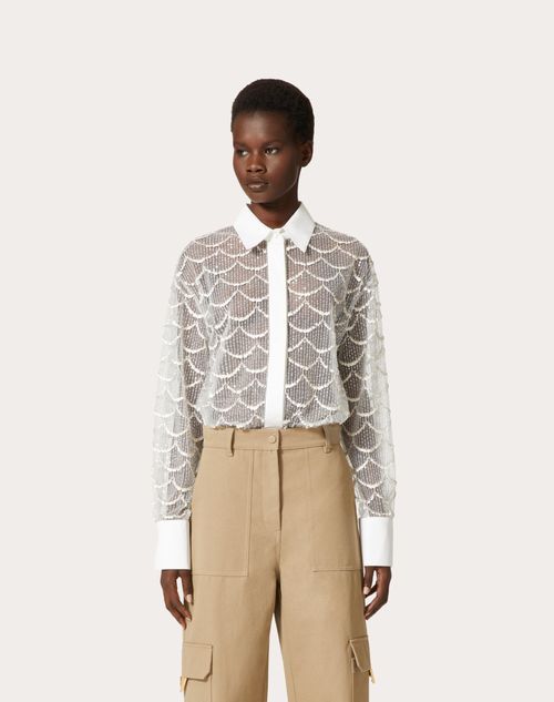 Valentino Tulle Illusione Embroidered Straight Hem Shirt In White