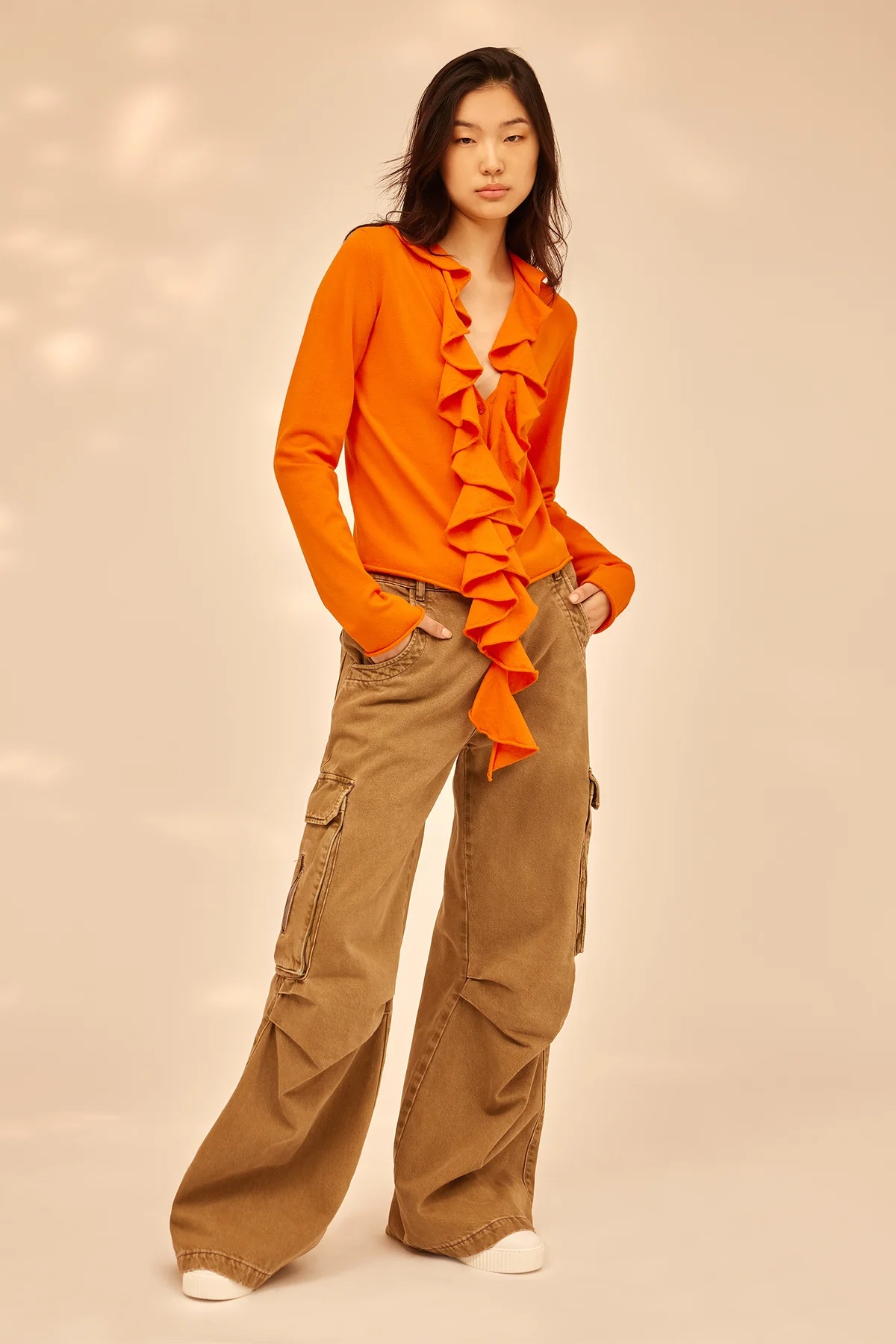 Shop Semicouture V-neck Ruffled Cardigan In Orange