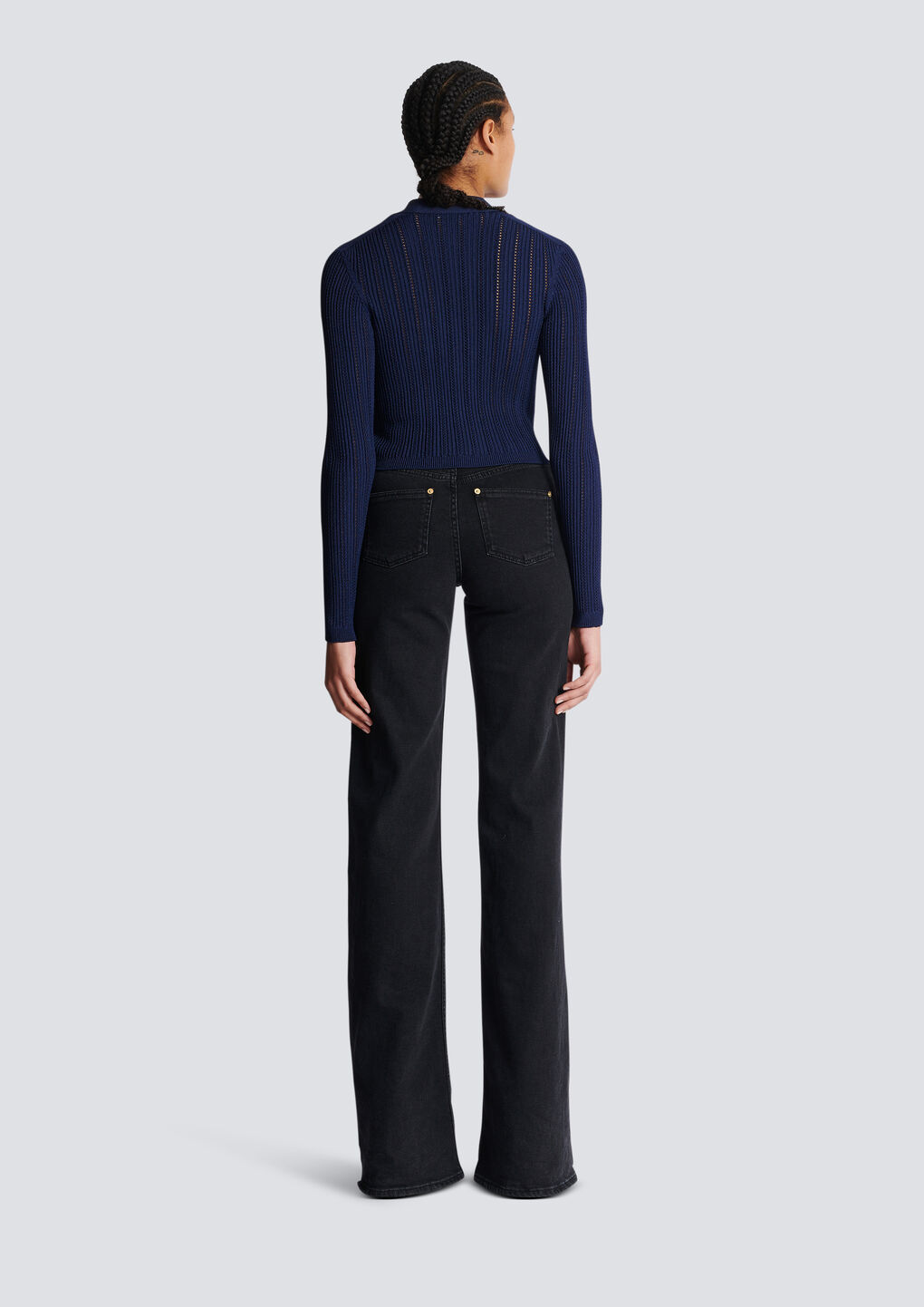 Balmain Ladies Marine Cropped Knit Cardigan In Blue