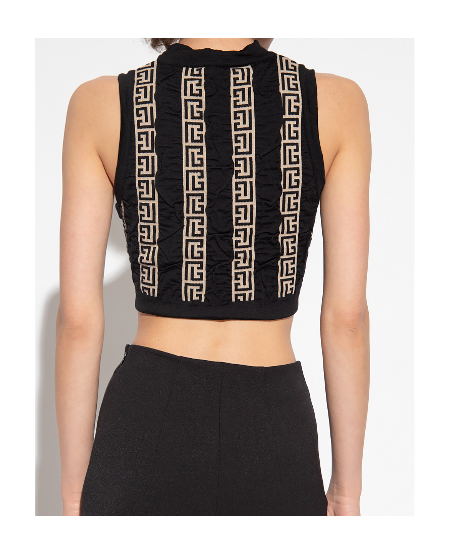 Balmain Monogram Stripe Wool Blend Crop Top In Black