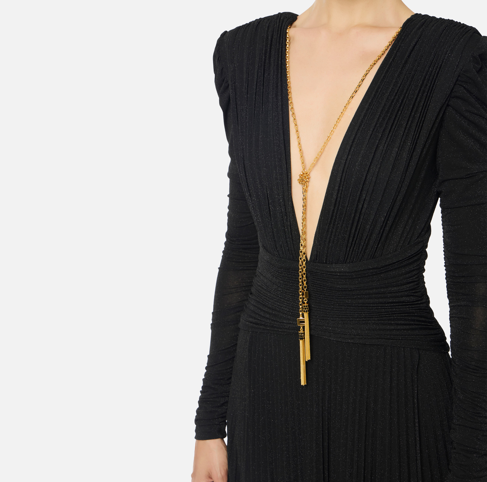 Elisabetta Franchi Chain Detail Pleated Dress With Ruched V-neckline In Black