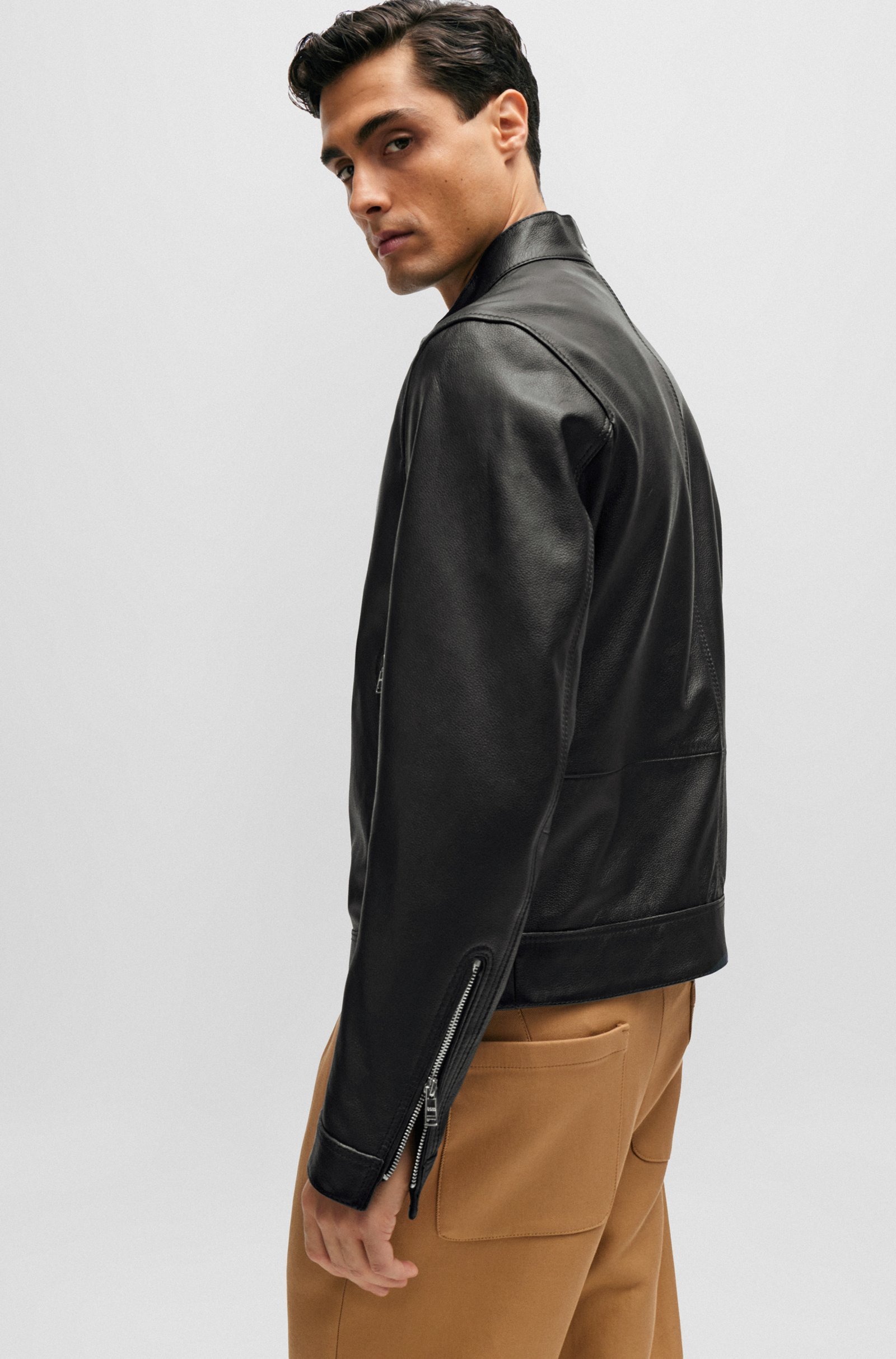 Hugo Boss Regular-fit Jacket In Grained Leather In Black