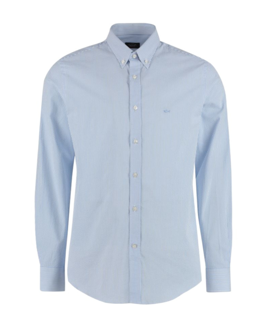 Paul & Shark Cotton Shirt With Buttoned Cuffs And Collar In Blue
