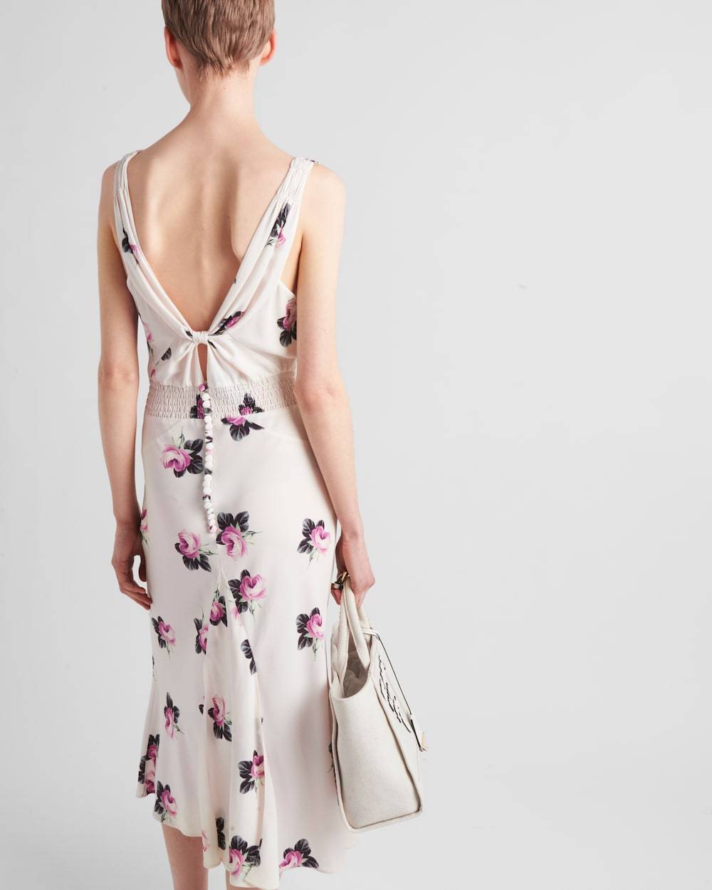 Prada Waist Belted Sleeveless V-neck Floral Backless In Nude
