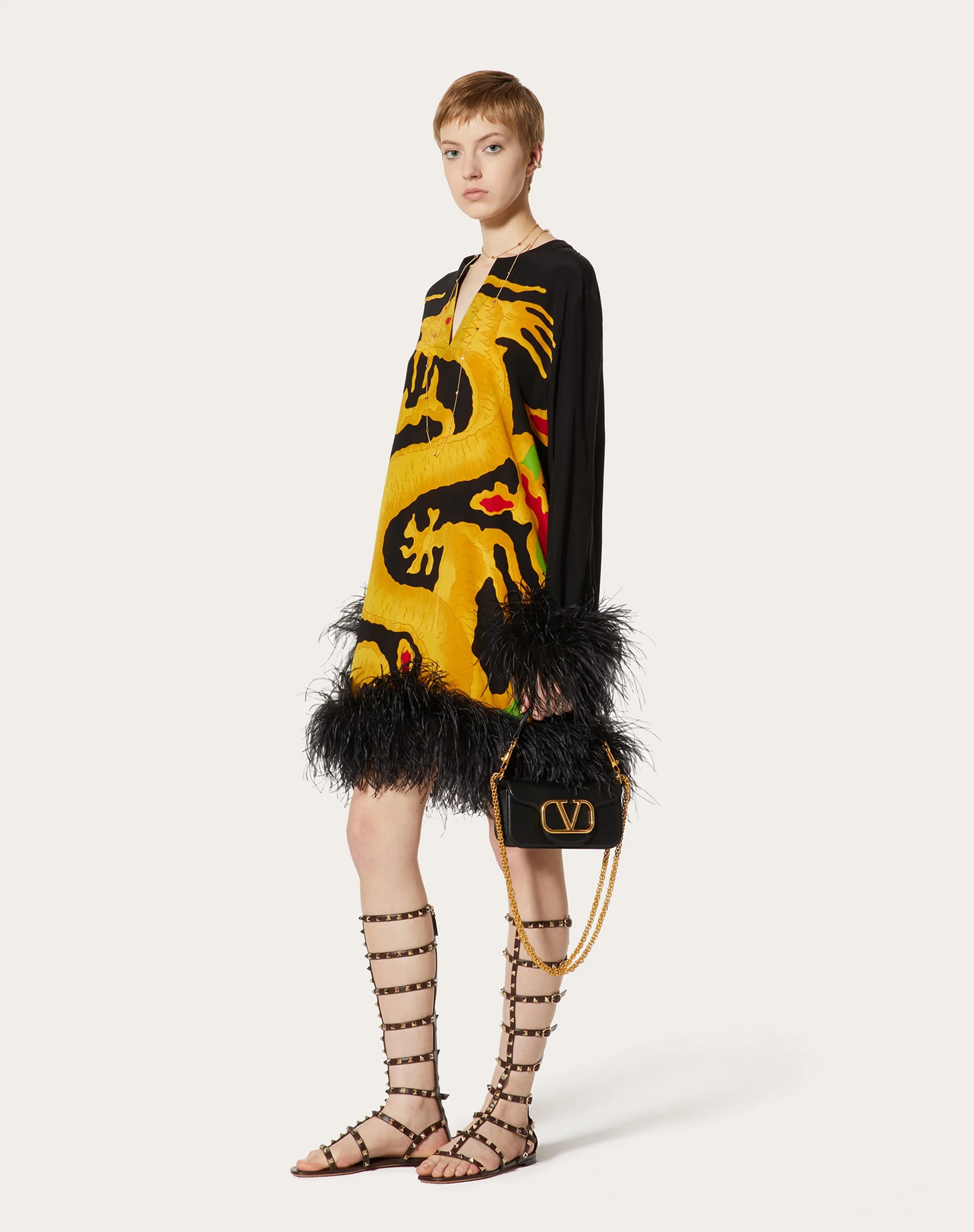 Valentino Dragon-print Feather-trim Silk Dress In Brown