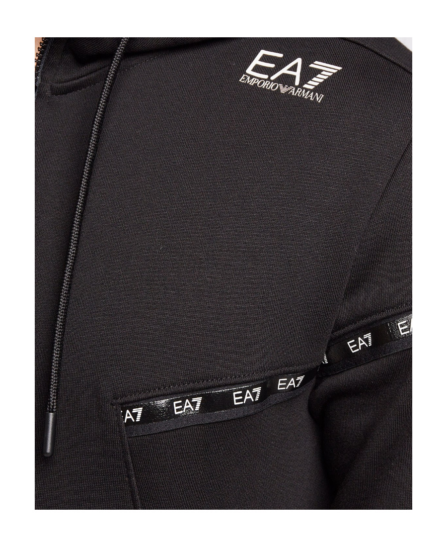 Ea7 Semi-zipper Design Logo Hooded Sweater In Black