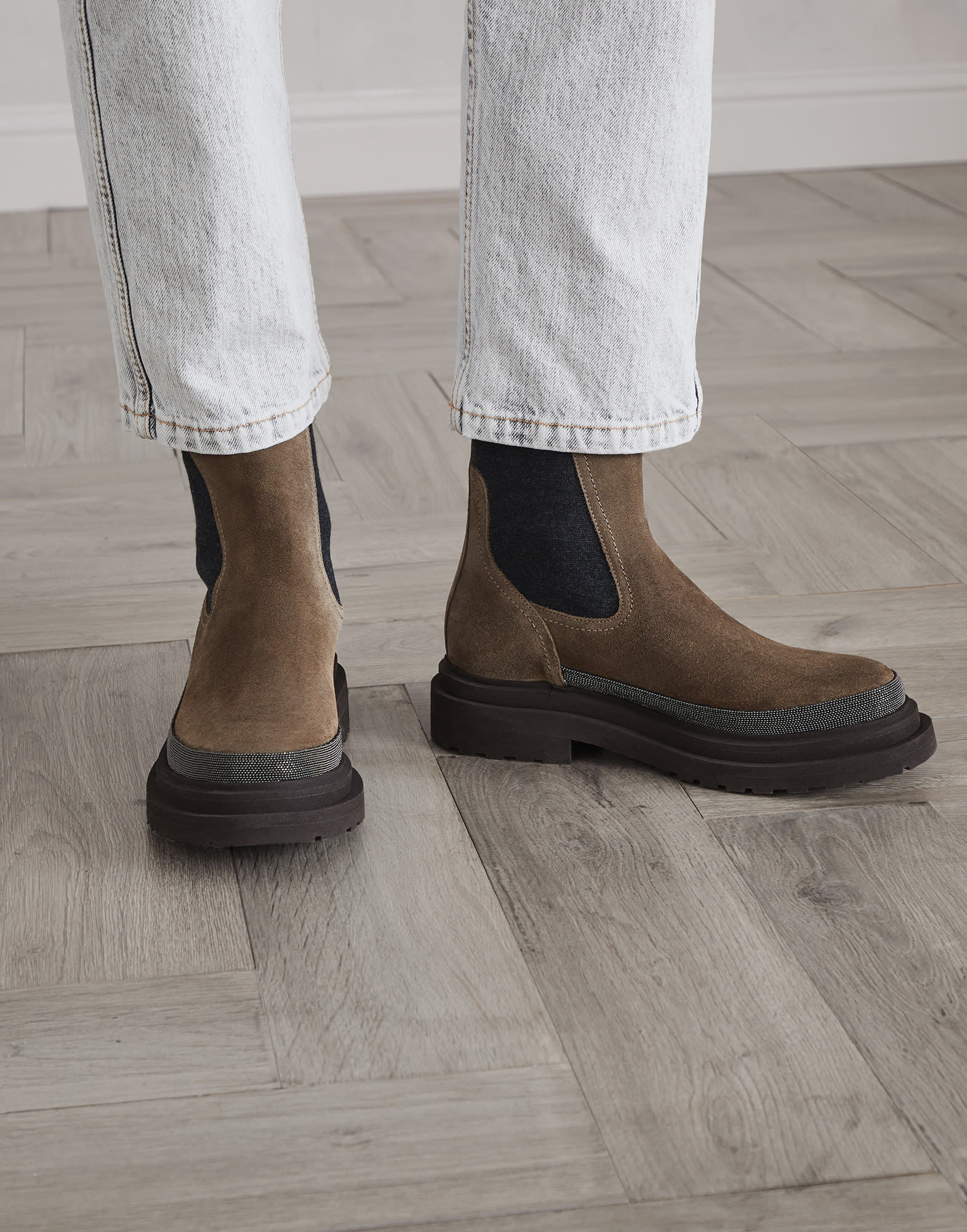 Brunello Cucinelli Chelsea Suede Ankle Boots With Precious Contour In Black