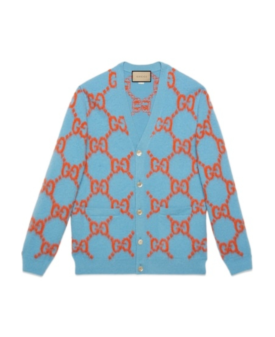 Gucci Gg-intarsia Wool Cardigan In Blue