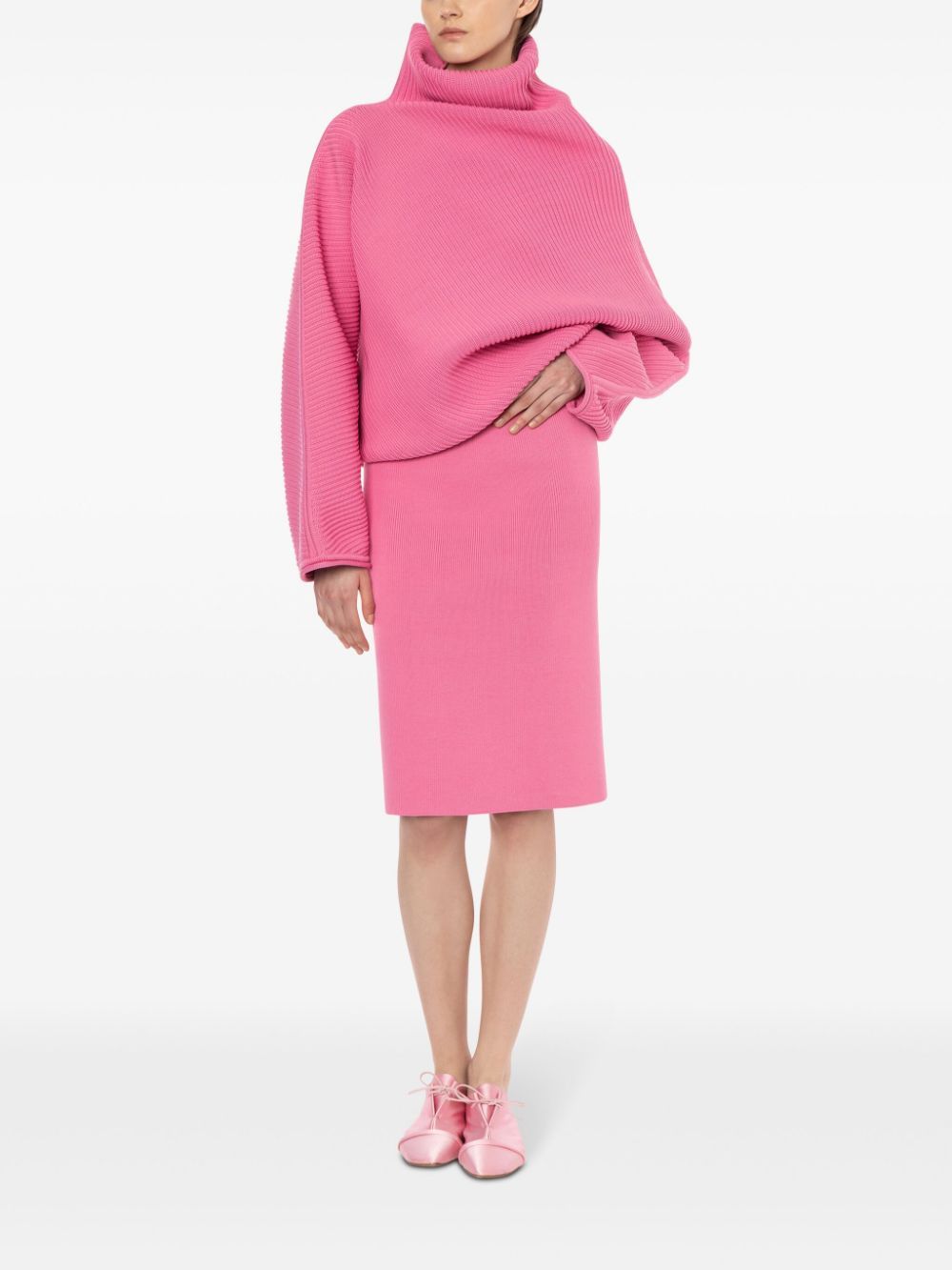 Philosophy Di Lorenzo Serafini Midi Pink Skirt With Elastic Waistband In Ribbed Fabric Woman In Pink
