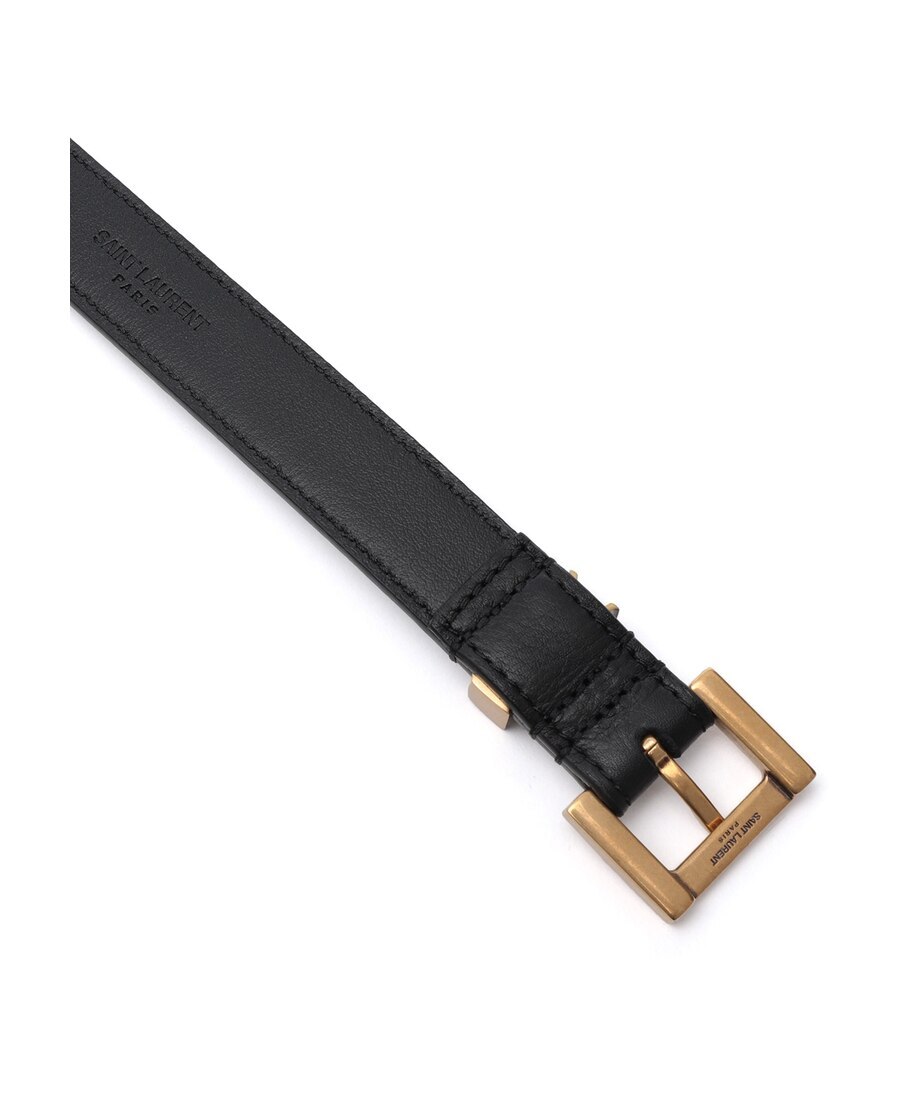 Saint Laurent Cassandre Thin Belt With Square Buckle In Box Leather Accessories In Black