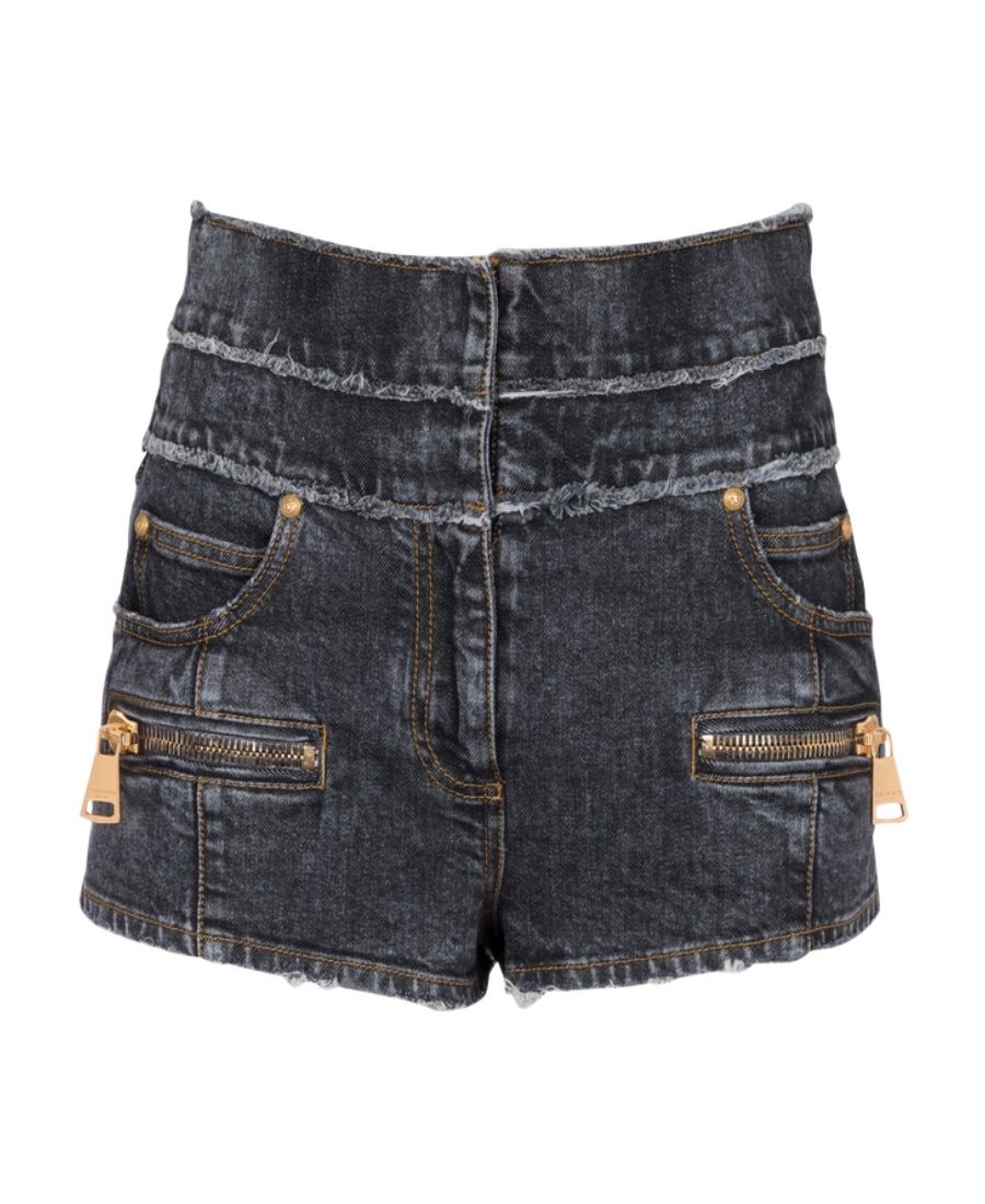 Balmain Denim High Waist Shorts With Front Zip Pockets In Gray
