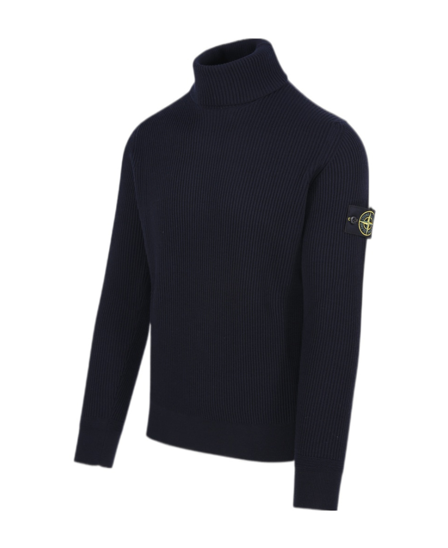 Stone Island Turtleneck With Iconic Logo On The Sleeve In Blue