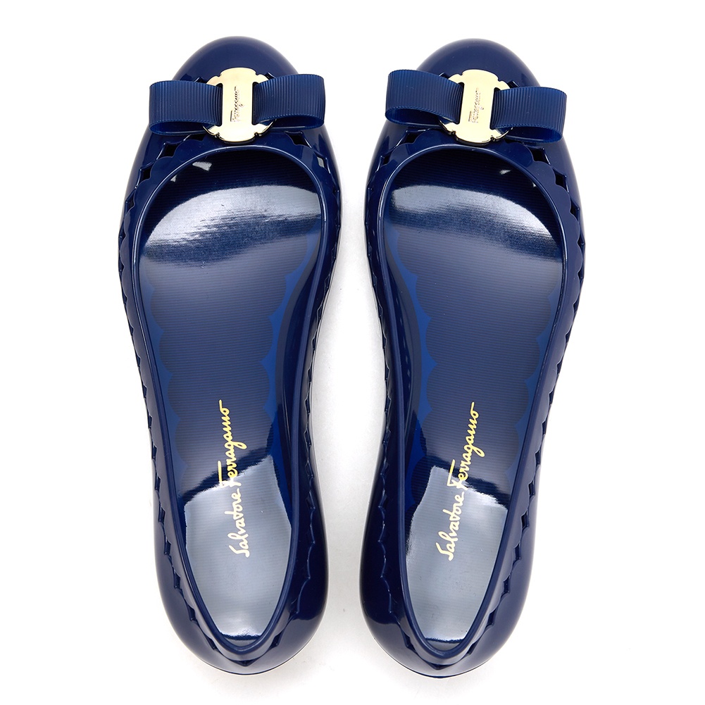 Ferragamo Navy Blue Bow Ballet Shoes In Blue