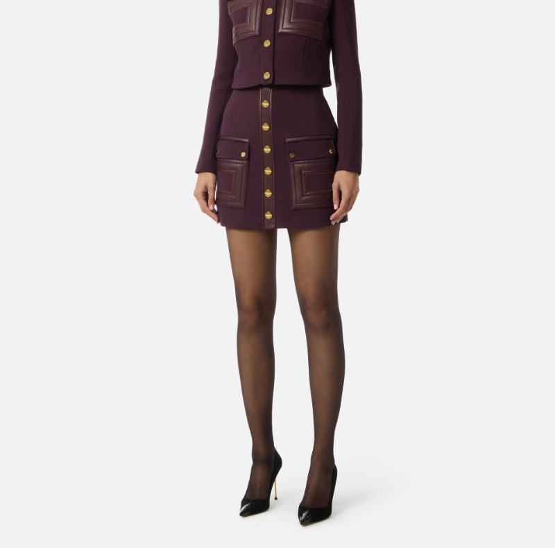 Elisabetta Franchi High Waist Skirt Logo Buttons In Burgundy