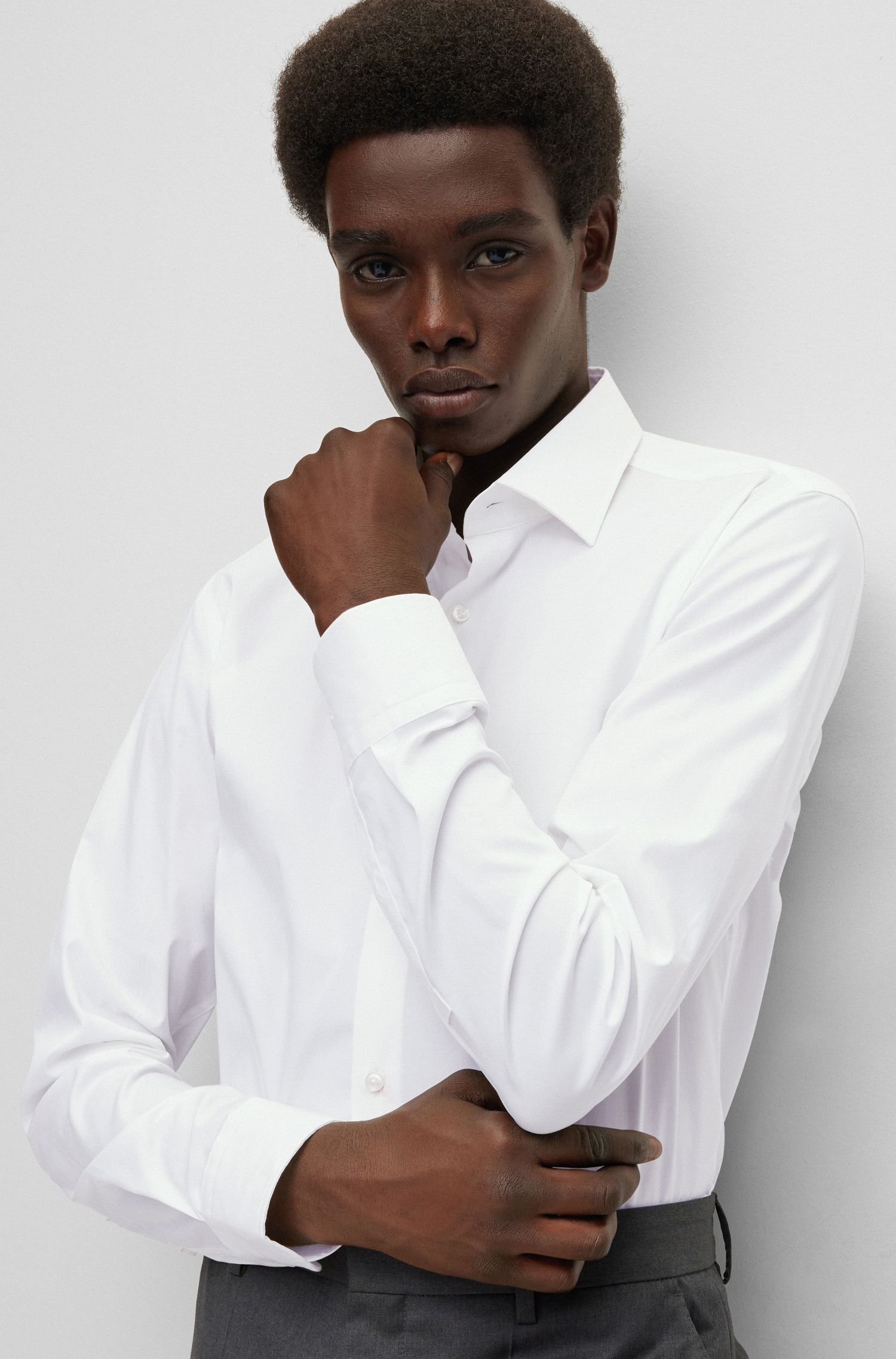 Shop Hugo Boss Hank Long-sleeve Cotton Shirt In White
