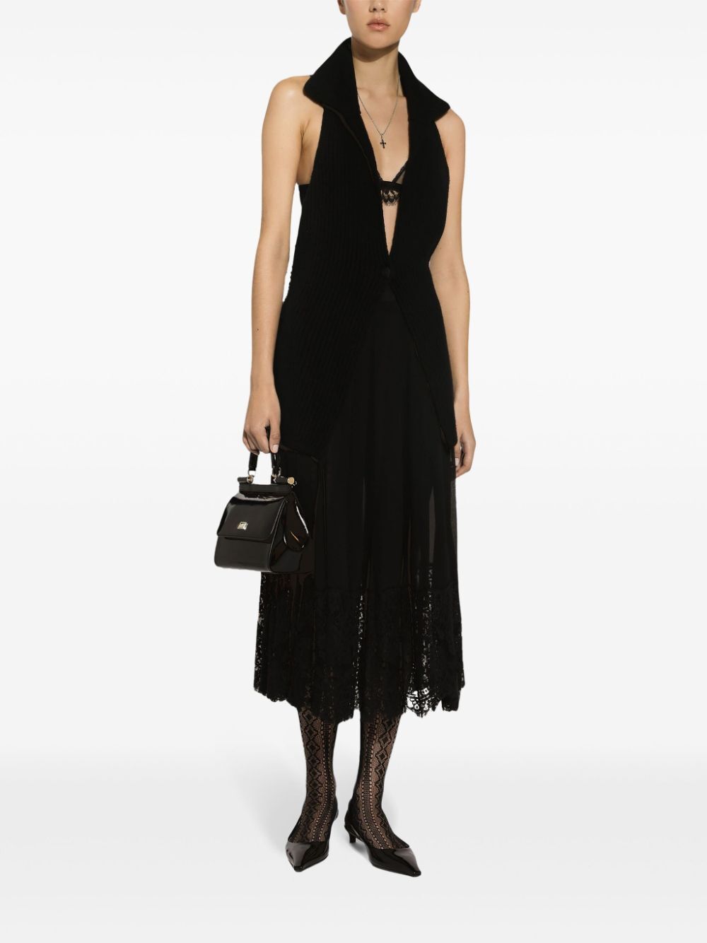Dolce & Gabbana Ribbed Sleeveless V-neck Midi Jacket In Black