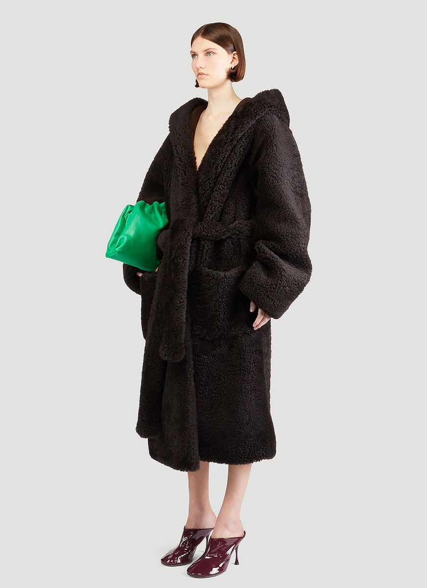 Bottega Veneta Hooded Belted Shearling Coat In Black