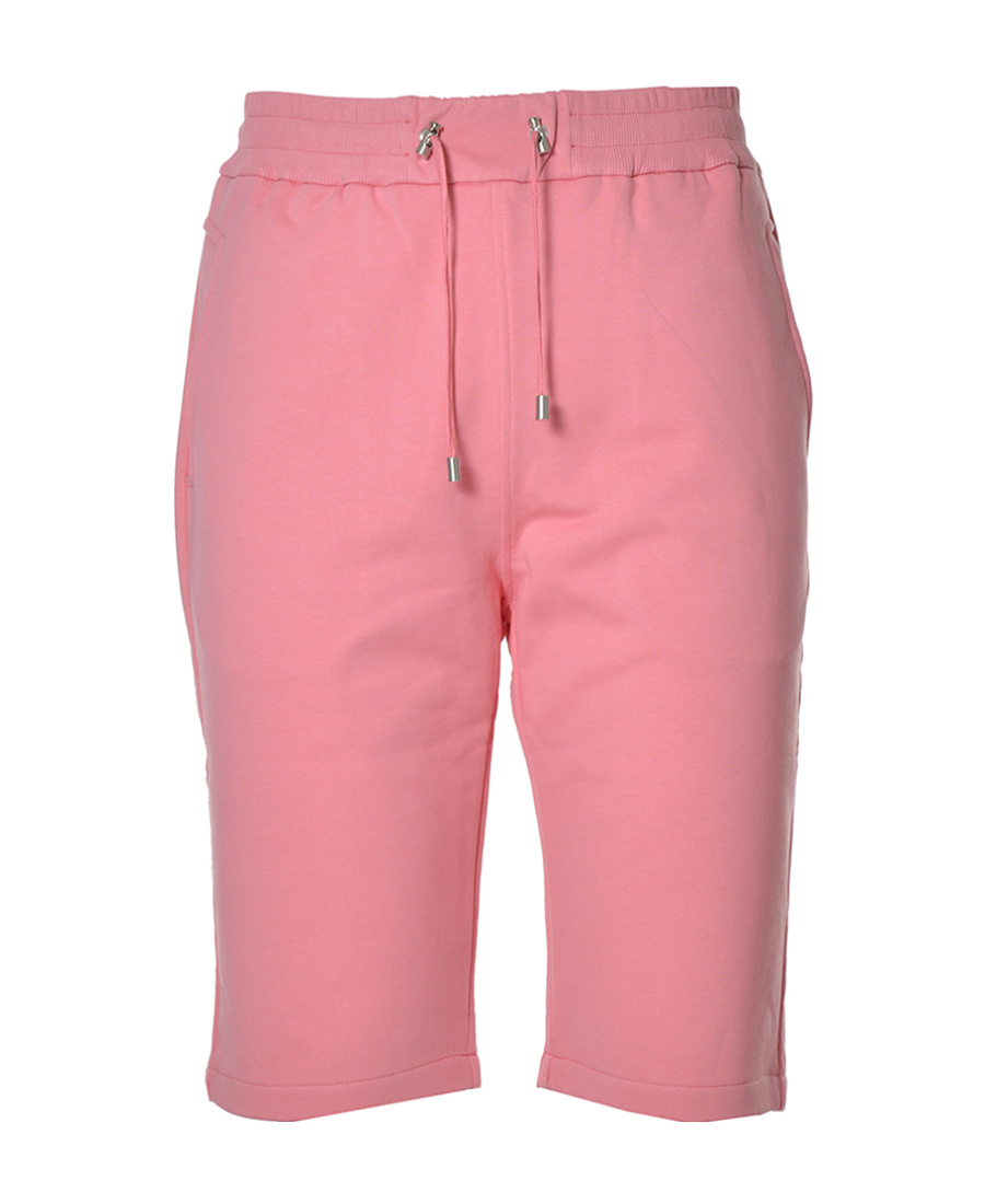 BALMAIN SALMON PINK COTTON SHORTS WITH FLOCKED WHITE BALMAIN PARIS LOGO