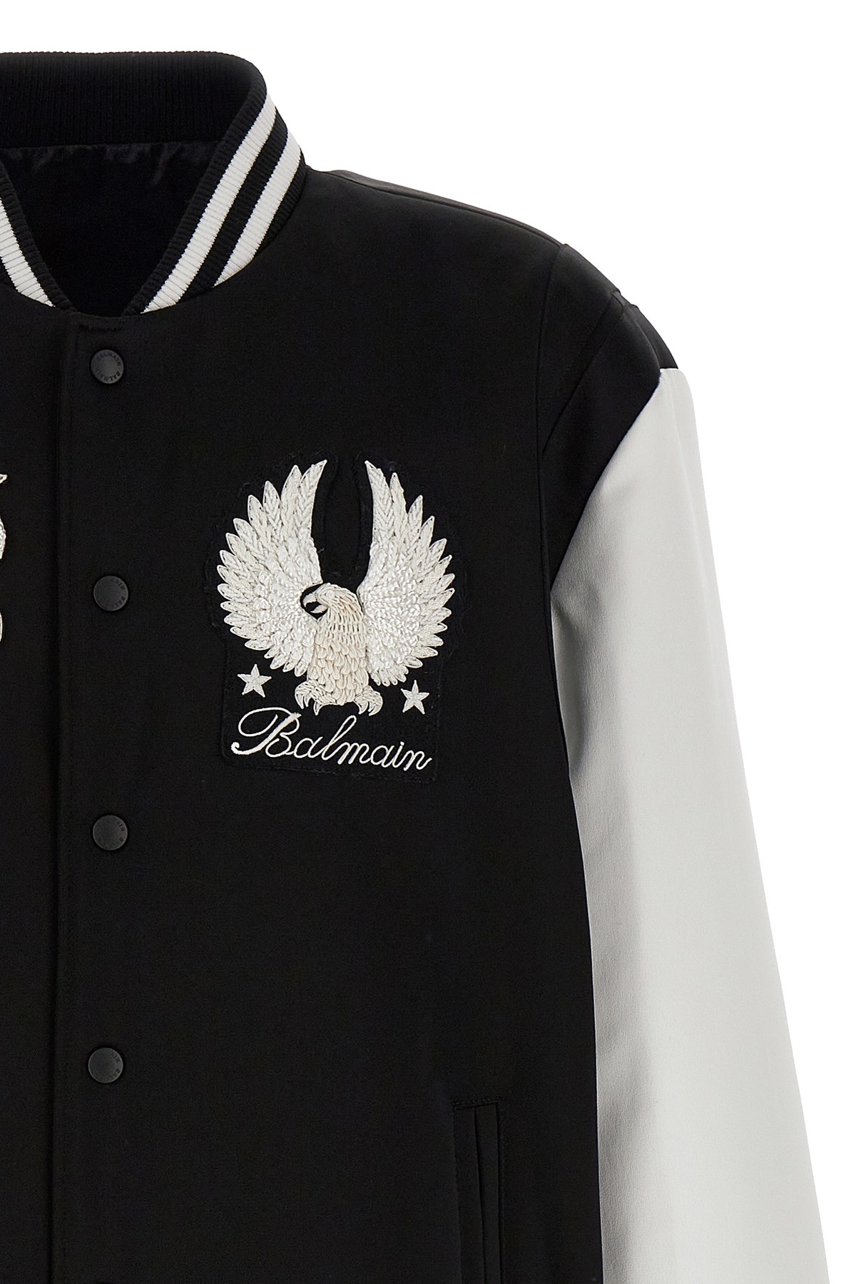 Balmain Embroidered Badges Satined Varsity Casual Jackets, Parka White/black In Black