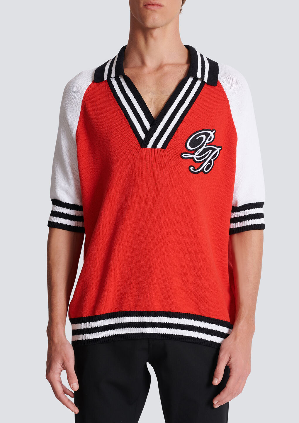 Balmain Signature Knitted Polo Top In Red