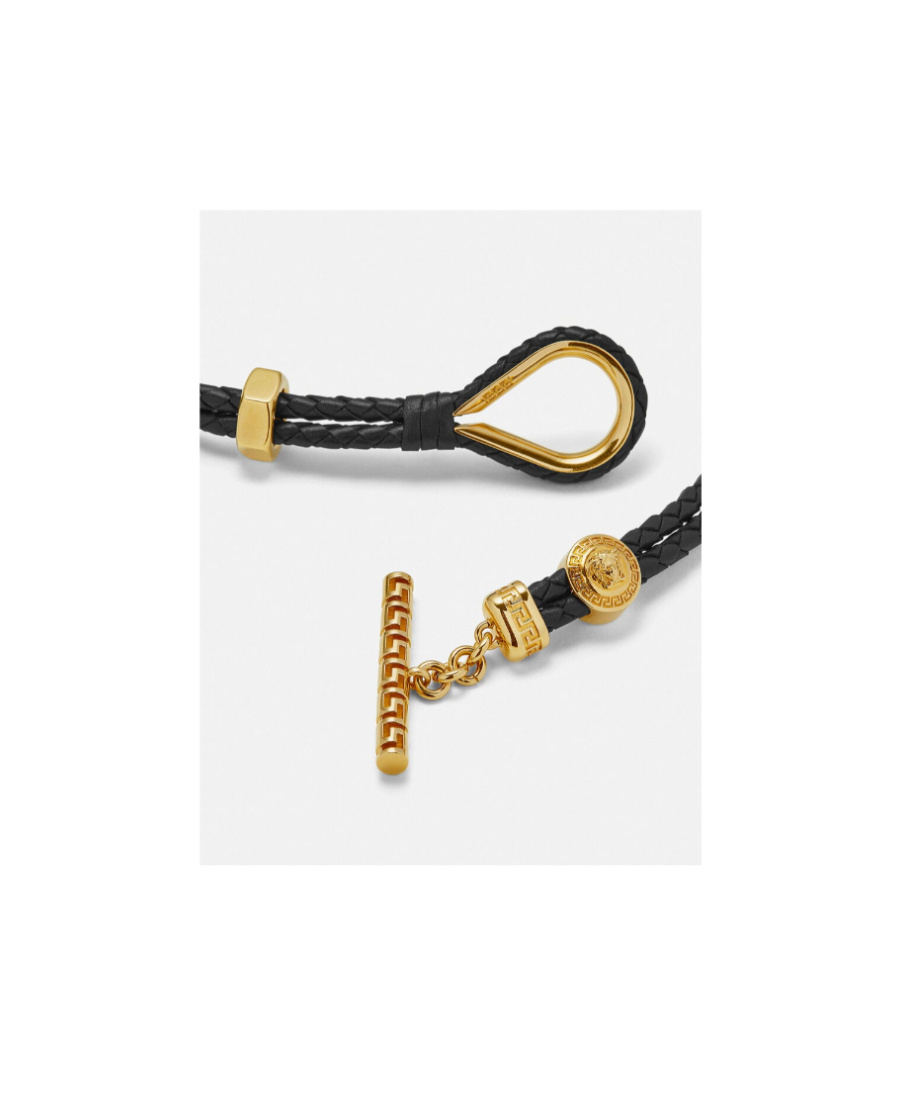 Versace Greca Braided Leather Necklace In Black