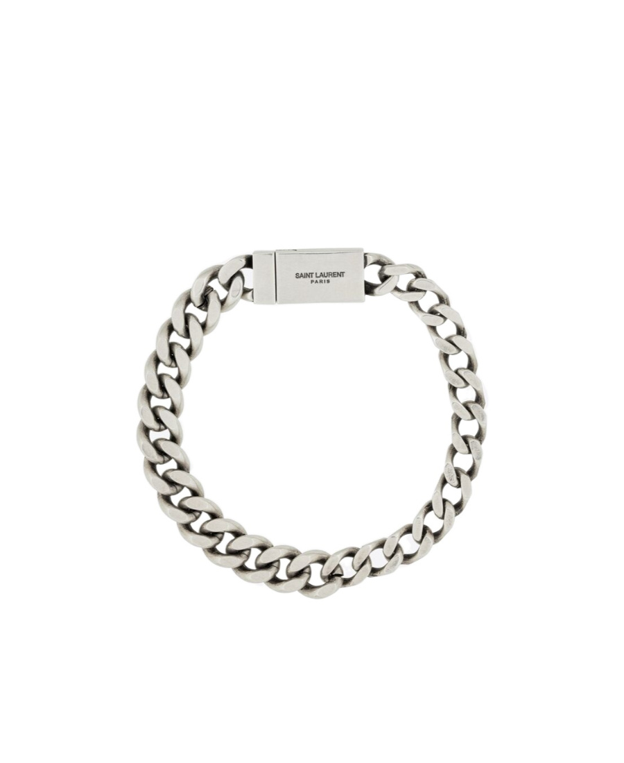 Saint Laurent Engraved-logo Chain-link Bracelet In White