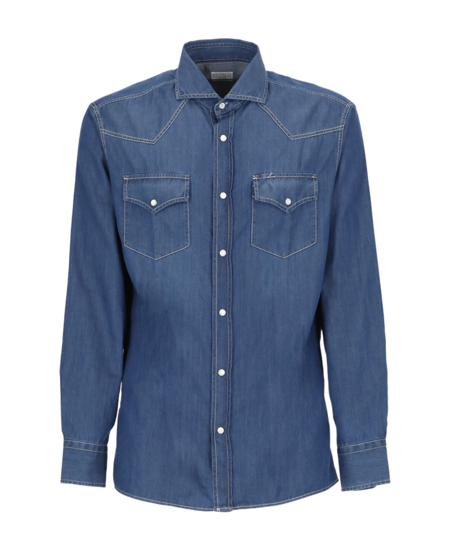 Brunello Cucinelli Men Easy Fit Shirt In Light Denim With Press Studs In Blue