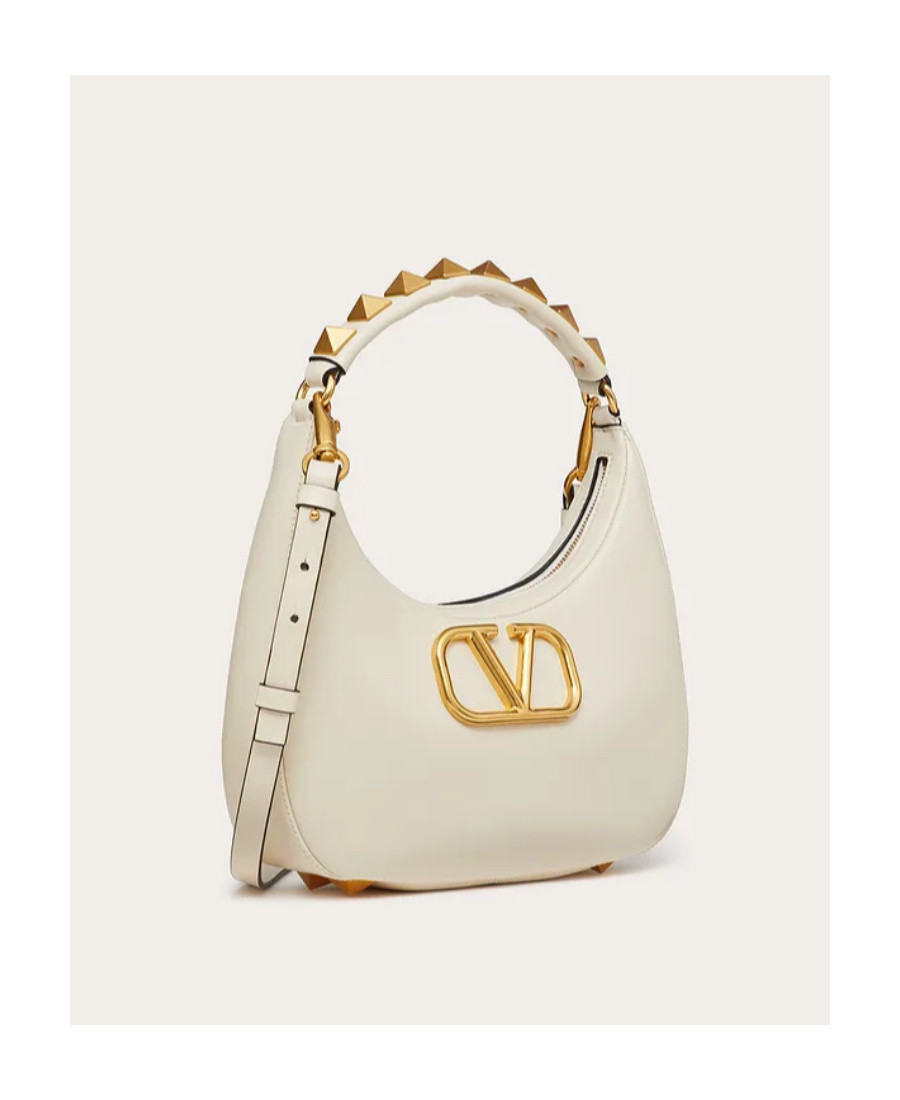 Valentino Stud Sign Hobo Rivet Logo Shoulder Bag In Light Ivory White