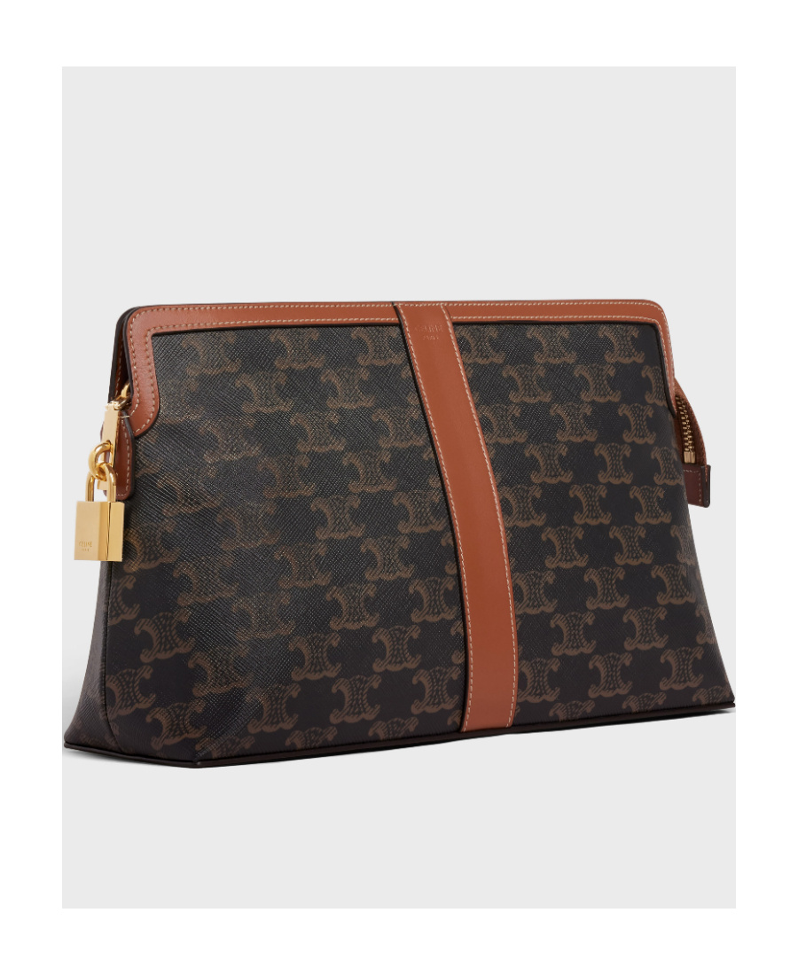 Celine Lock Toiletry Pouch In Triomphe Canvas And Calfskin In Brown