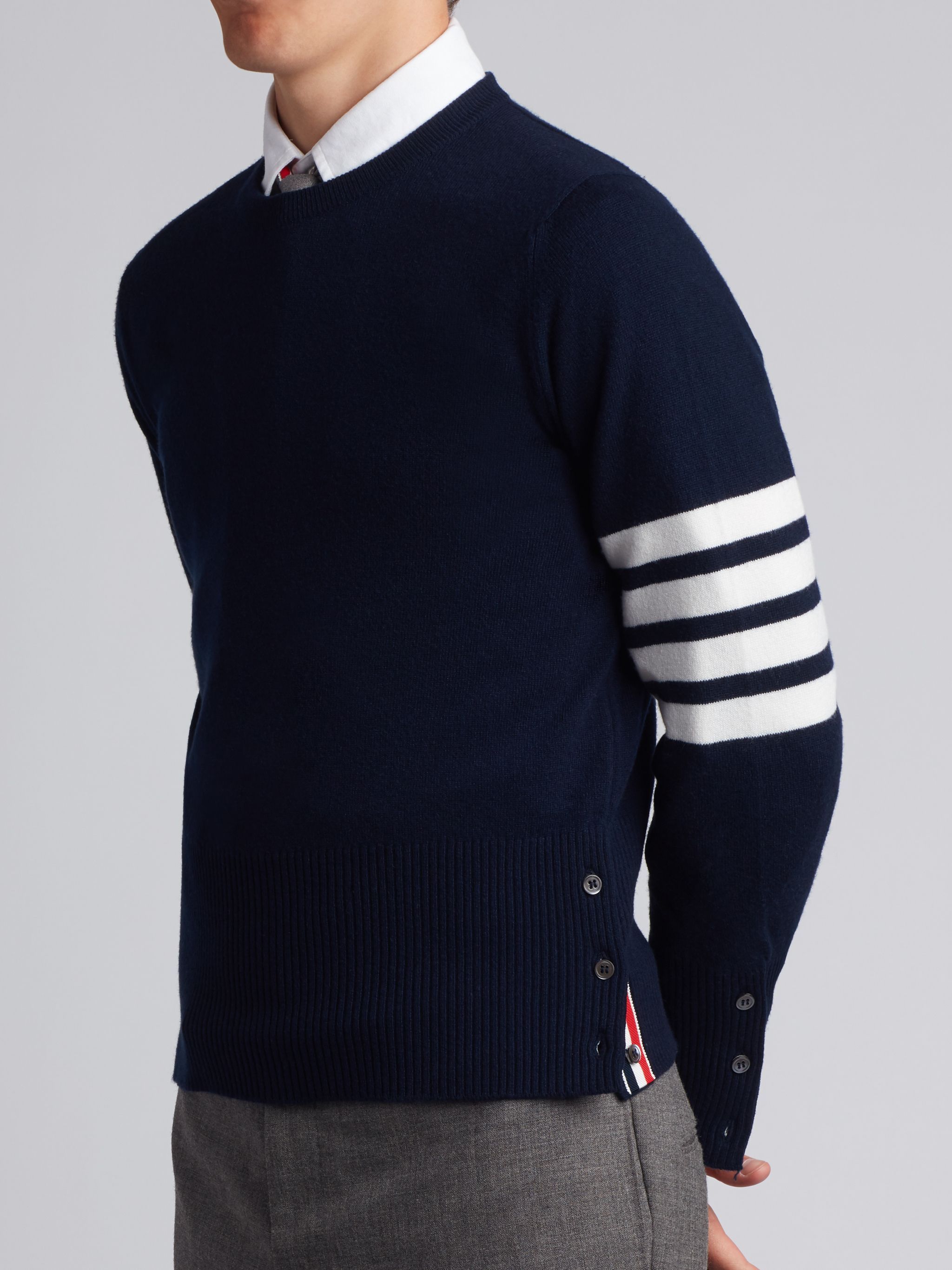 Thom Browne Ribbed Crewneck Sweater Striped Sleeves In Black