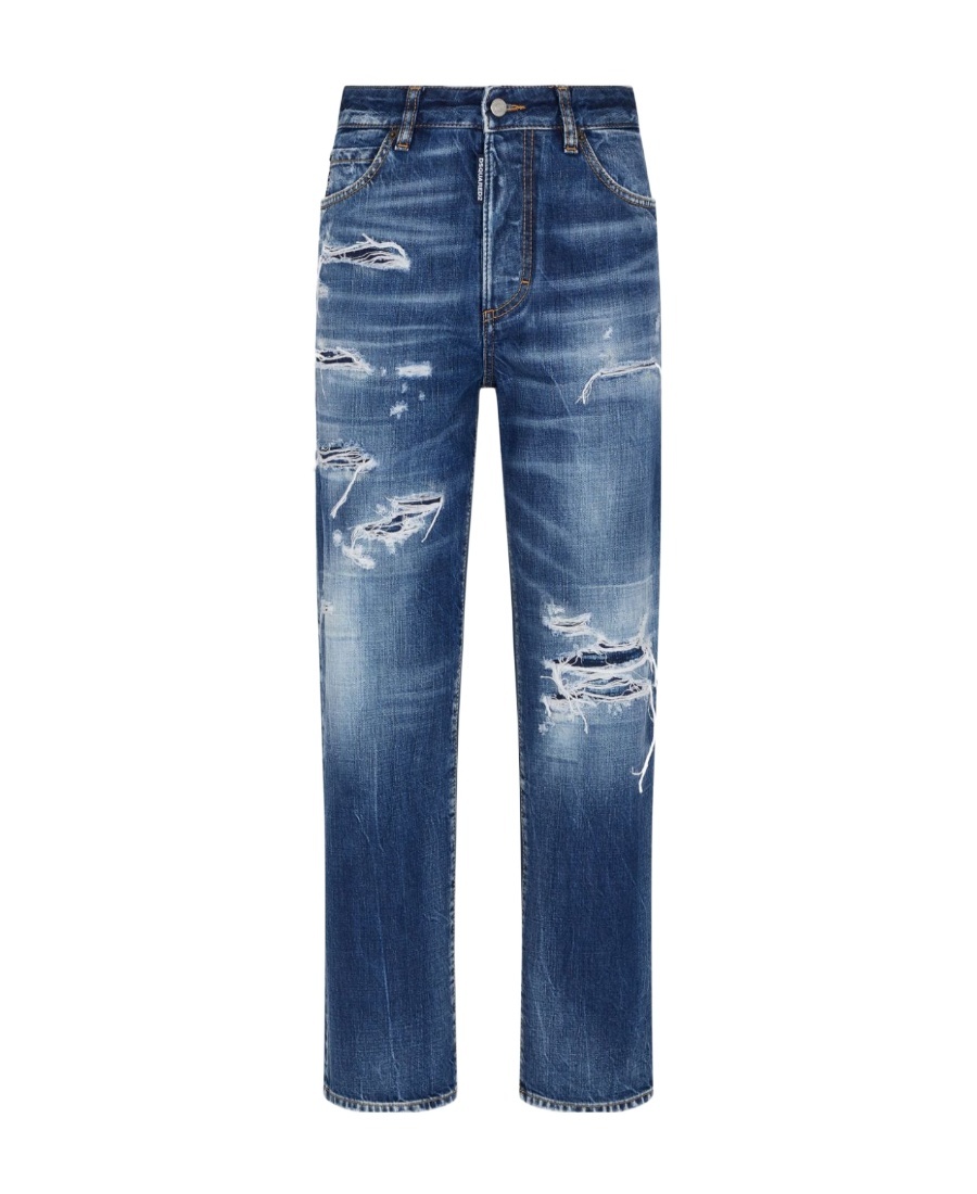 Dsquared2 Straight Leg Cotton Jeans With Distressed Styling In Blue