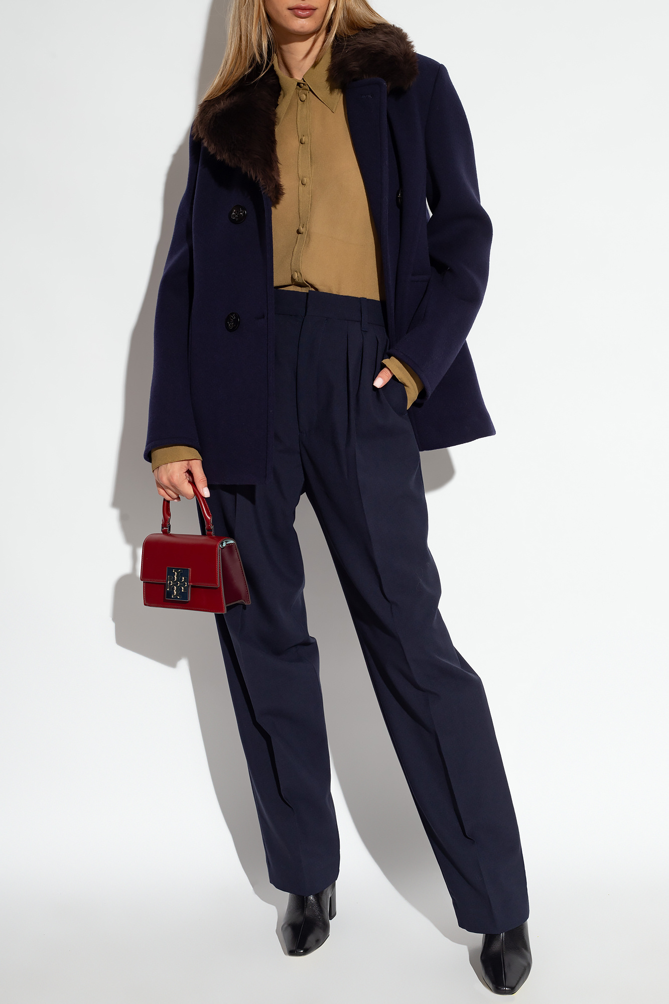Tory Burch Notched-lapels Shearling Jacket In Blue