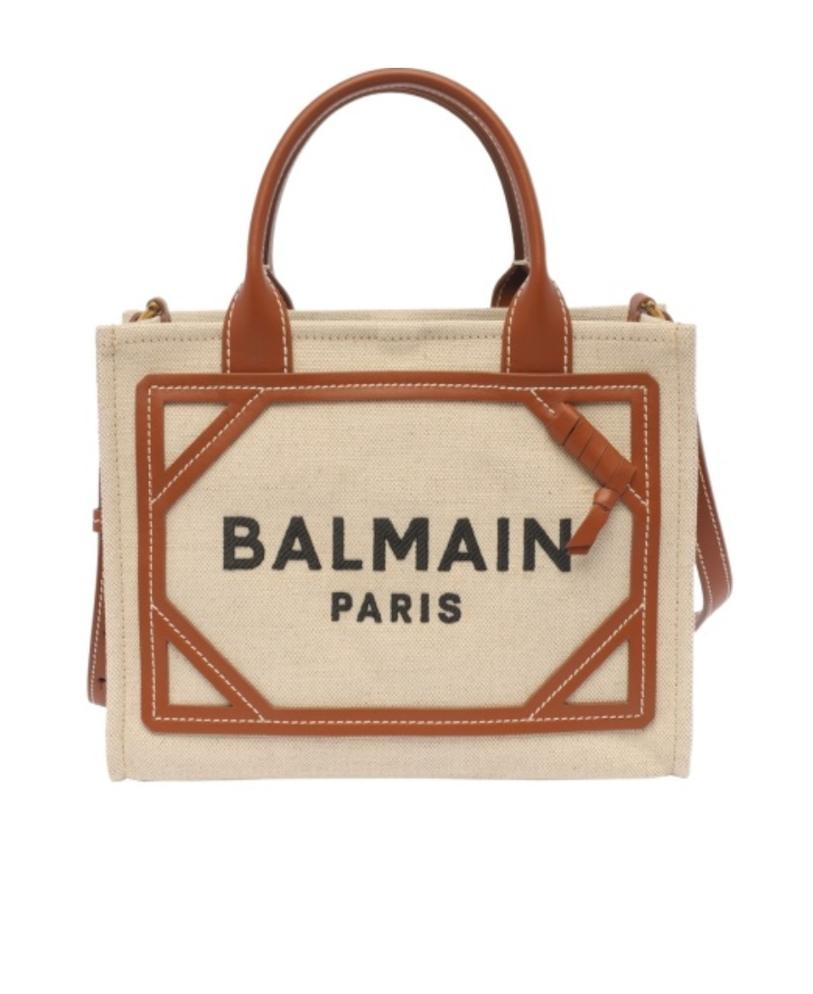 Shop Balmain B-army Small Tote Bag In Canvas And Leather In Nude