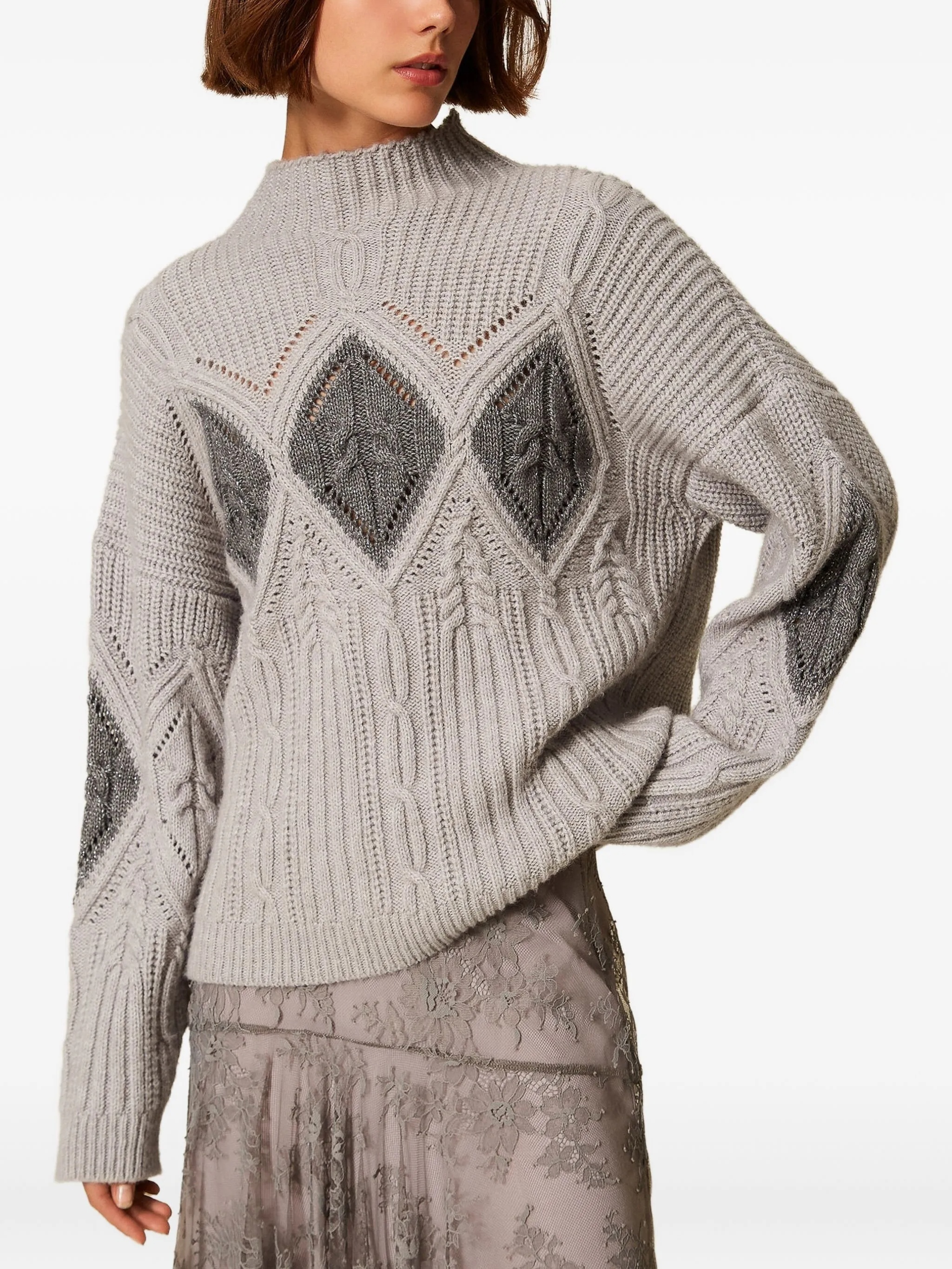 Twinset Cable-knit Intarsia Jumper In Gray