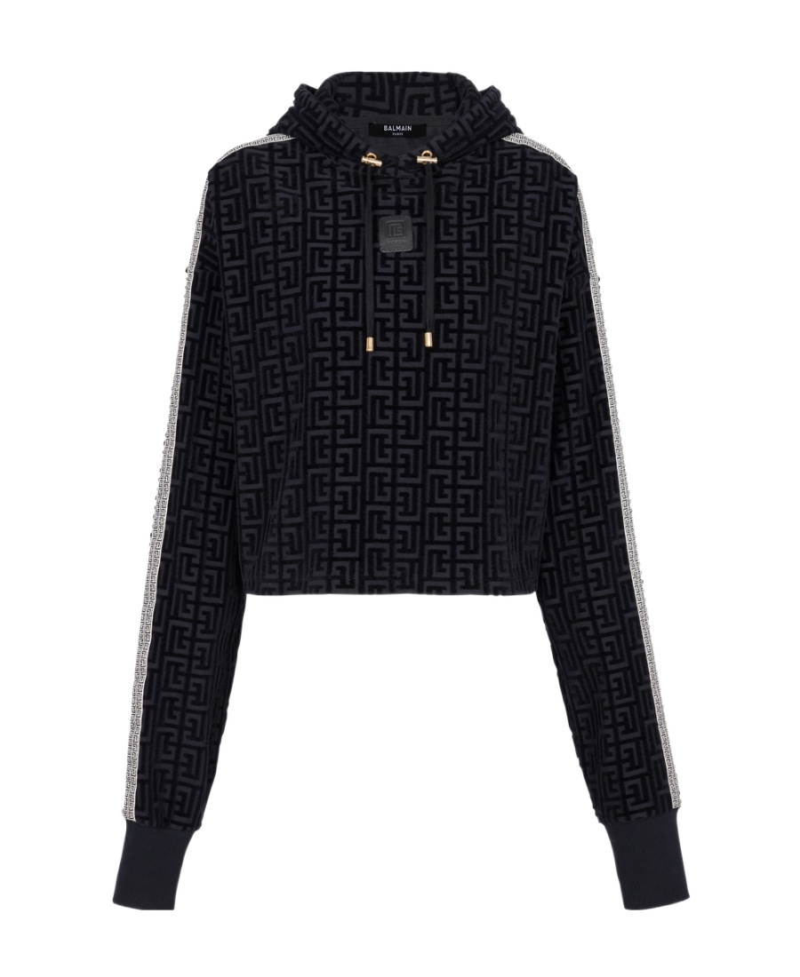 Balmain Monogram-print Cropped Hoodie In Black