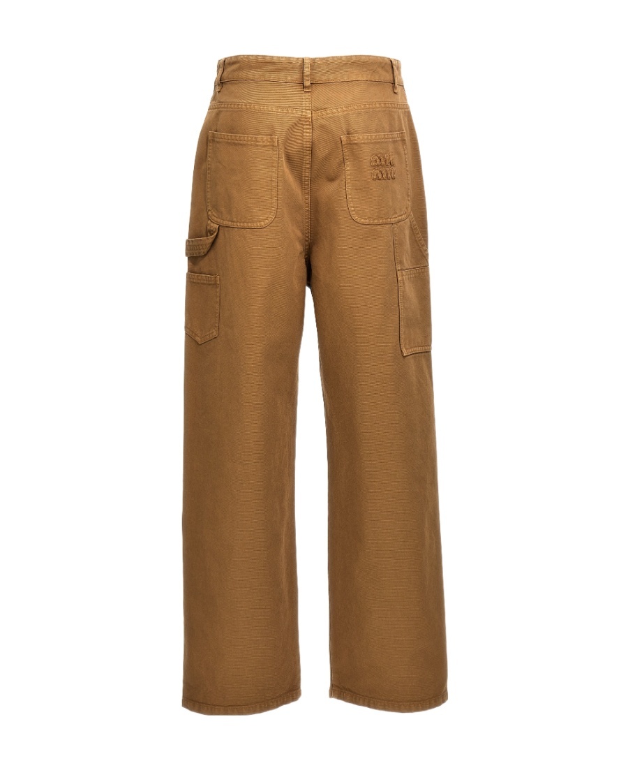 Miu Miu Logo-patch Straight-leg Cotton Trousers In Nude