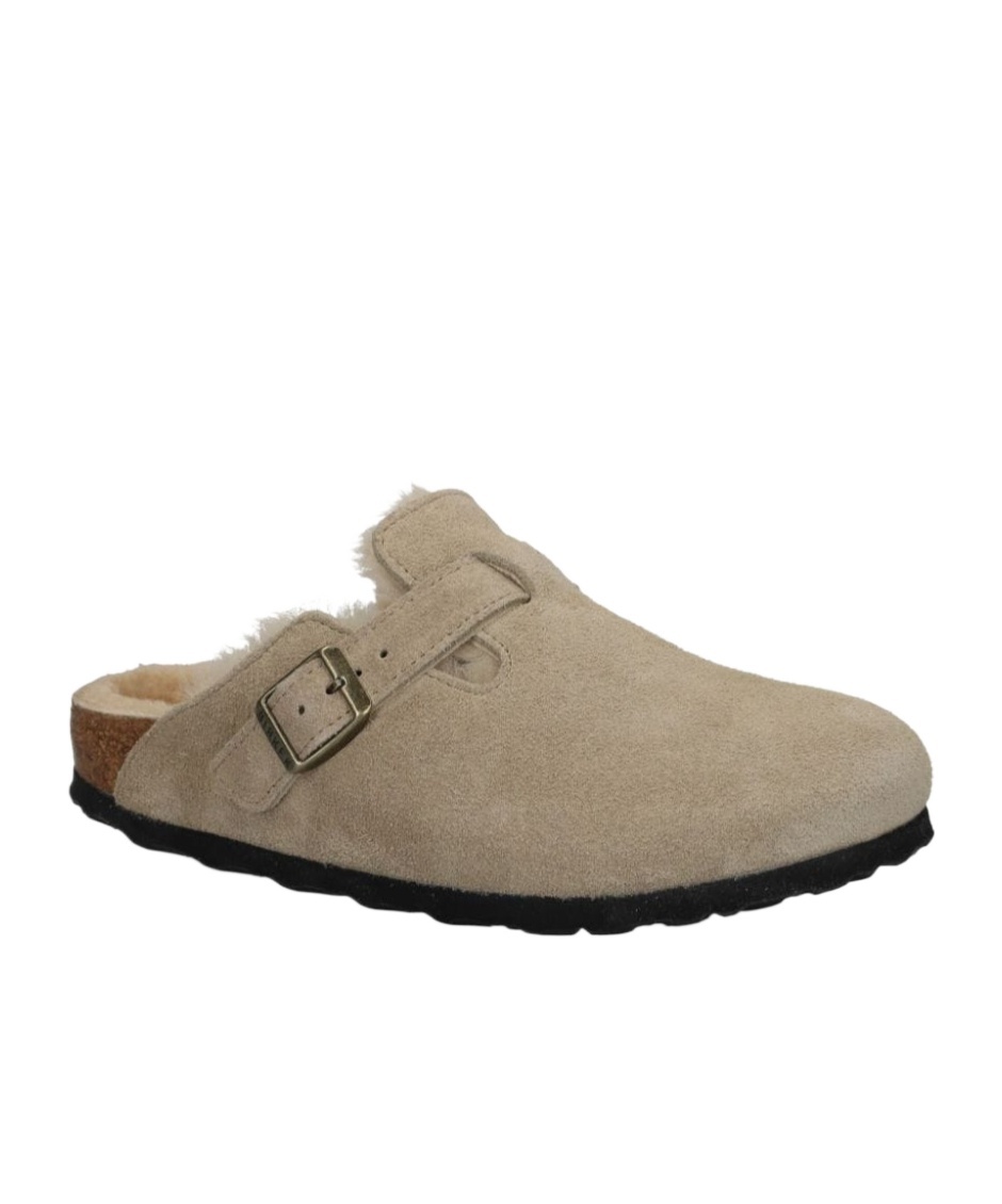 Birkenstock Boston Suede Shearling Buckle Slide Clogs In Nude
