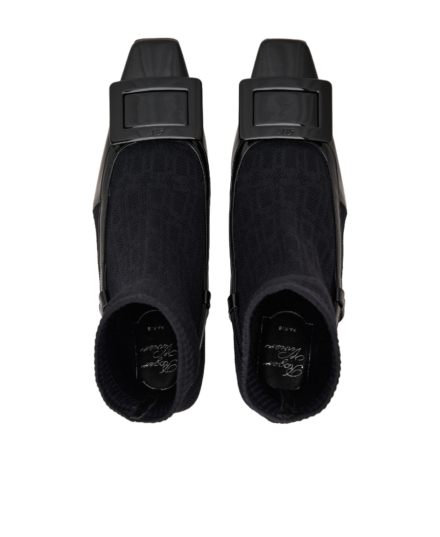 Roger Vivier Belle Vivier Sock Lacquered Buckle Ankle Boots In Black