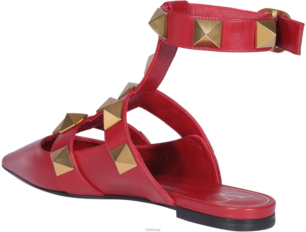 Valentino Roman Stud Leather Ankle Strap Flat In Red