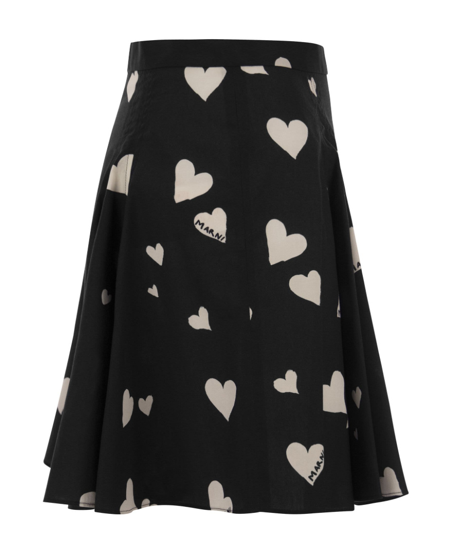 Marni Black Poplin Skirt With Bunch Of Hearts Print In Black