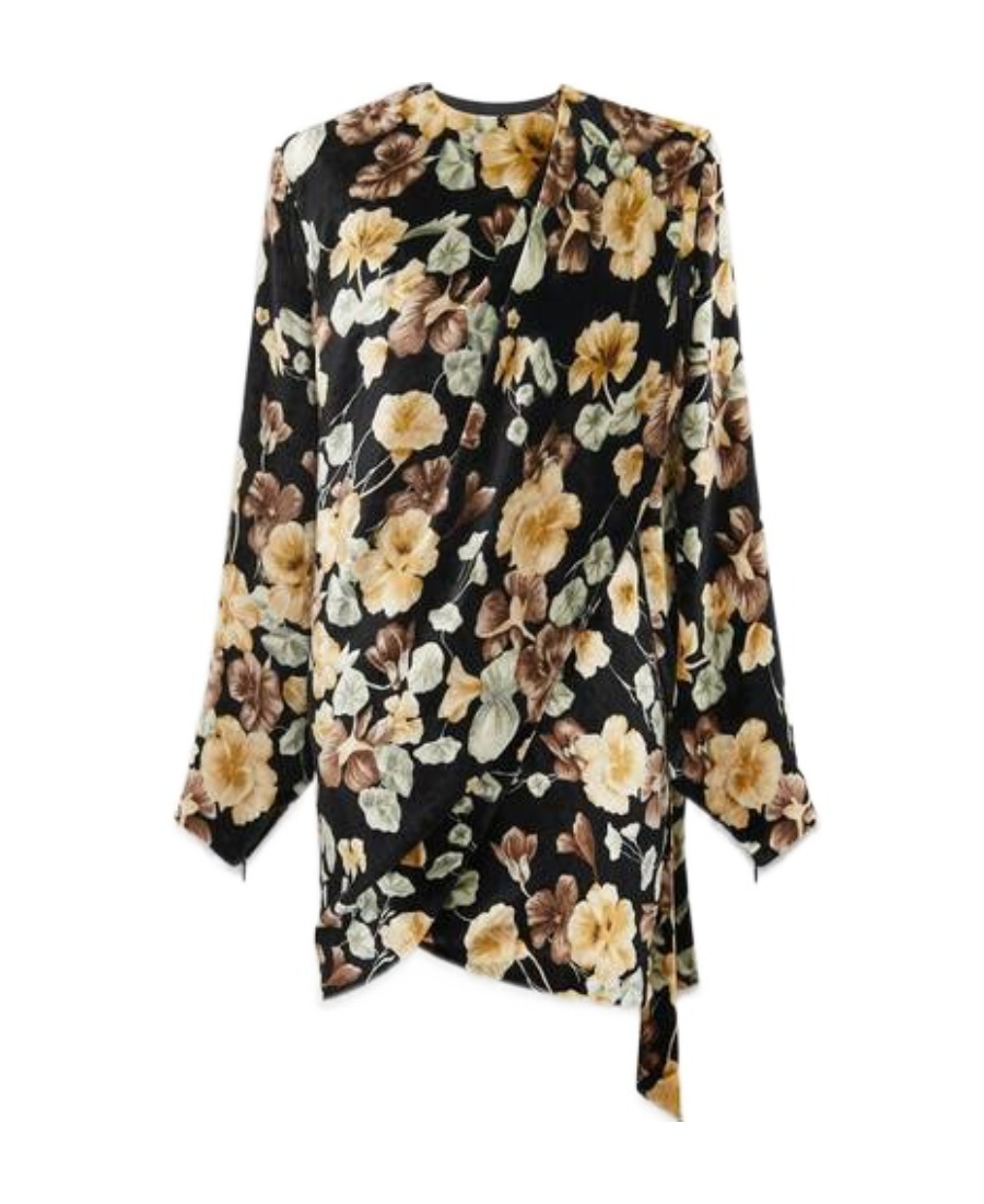 Saint Laurent Floral-print Velvet Wrap Dress In Black
