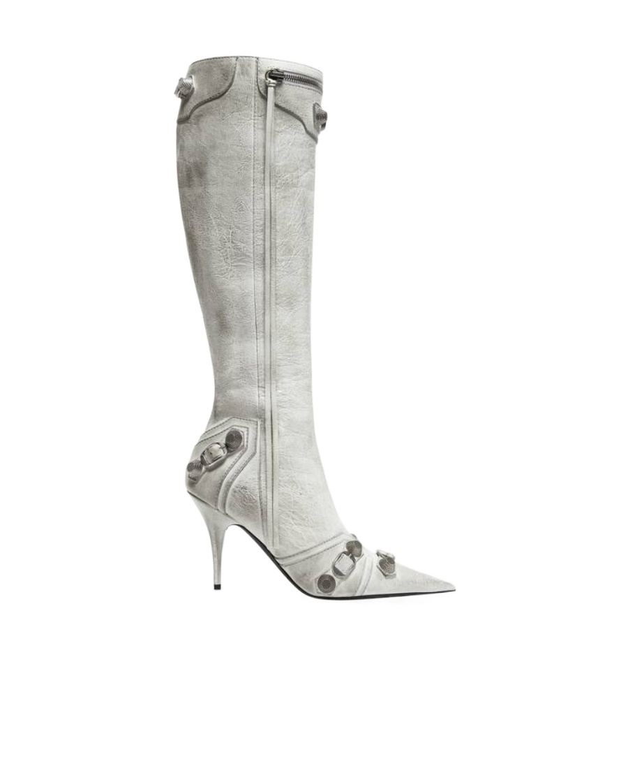 Balenciaga Cagole Leather Knee Boots With Stiletto Heel In White